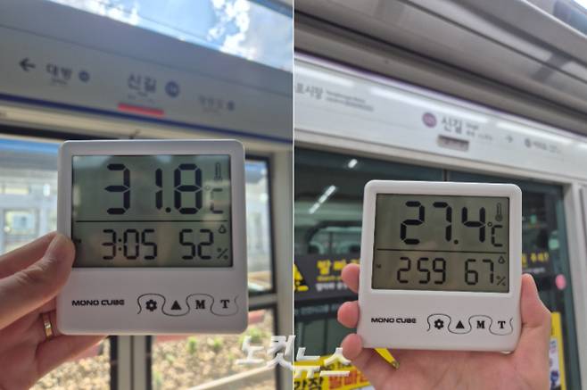 7일 오후 3시경 신길역 1호선 승강장(좌·지상)과 5호선 승강장(우·지하) 온도. 김지현 인턴기자