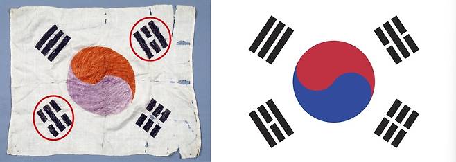 '남상락 자수 태극기'와 현재의 태극기 비교 [국가유산포털 제공. 재판매 및 DB 금지]