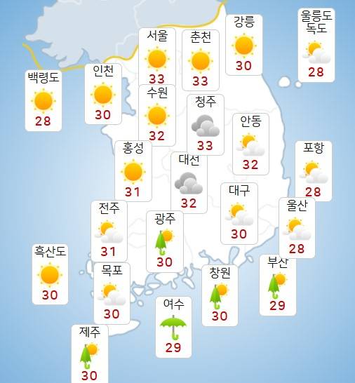 10일 낮 전국 날씨 전망.