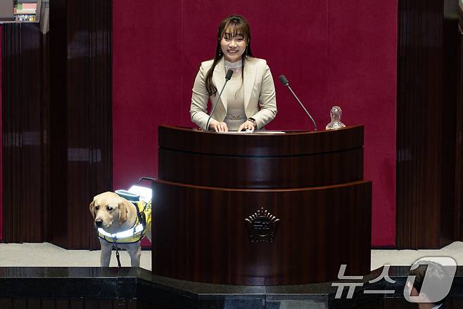 김예지 국민의힘 의원의 안내견 '태백'이가 13일 서울 여의도 국회 본회의장에서 열린 제423회 국회(임시회) 제1차 본회의에서 발언대 주위를 살피고 있다. 2025.3.13/뉴스1 ⓒ News1 이재명 기자