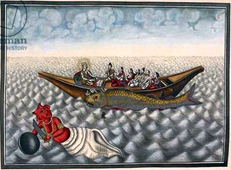 인류 문명의 뿌리인 신화는 삶의 지혜를 담고 있다. 인도 홍수 신화의 한 장면으로 거대한 물고기로 변한 신이 배를 이끌고 있다. 출처 위키미디어