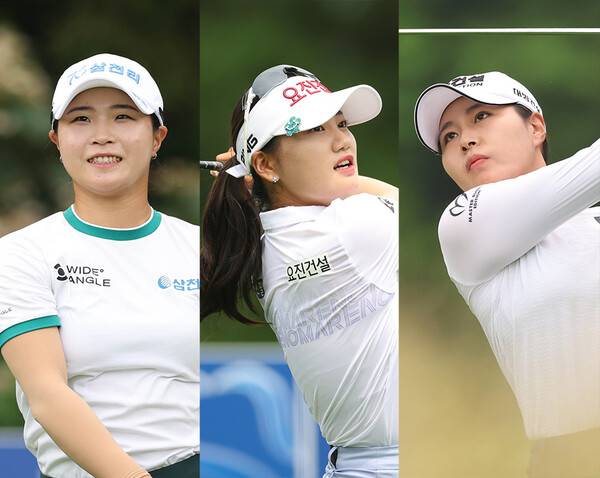 2025년 한국여자프로골프(KLPGA) 투어 제12회 제주삼다수 마스터스에 출전한 고지원, 노승희, 성유진 프로가 2라운드에서 경기하는 모습이다. 사진제공=KLPGA