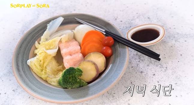 강소라의 저녁 식단. 각종 야채와 연어를 쪘다. [사진=유튜브 캡처]