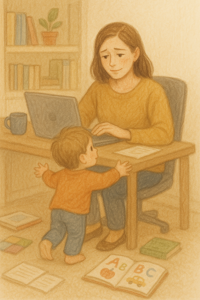 시간보육제 신청 경쟁에 힘들어하는 엄마의 모습. 챗gpt 생성