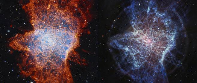 행성상 성운 NGC 6072의 근적외선(왼쪽)과 중적외선으로 관측한 결과물. NASA, ESA, CSA, STScI