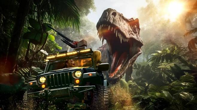 지난달 오키나와에 새로 문을 연 테마파크 정글리아가 앞세운 대표 어트랙션 ‘다이노소어 사파리’. 정글 속 험로를 달리며 T-렉스의 추격을 피해 탈출하는 체험형 라이드다. 정글리아 공식 홈페이지 캡처