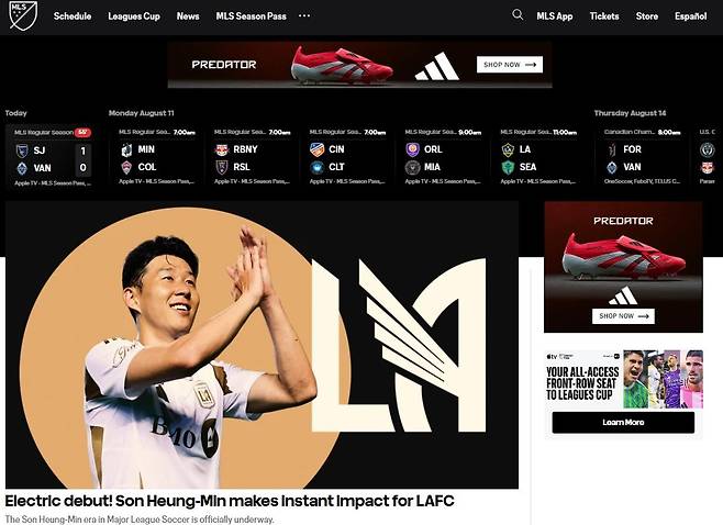 손흥민의 데뷔 소식을 메인 화면에 올린 MLS. [MLS 홈페이지 캡처. 재판매 및 DB 금지]