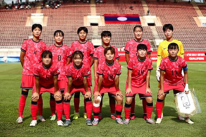 방글라데시와의 경기에 선발로 나선 U-19 여자 축구대표팀 선수들. [라오스축구협회 제공. 재판매 및 DB 금지]