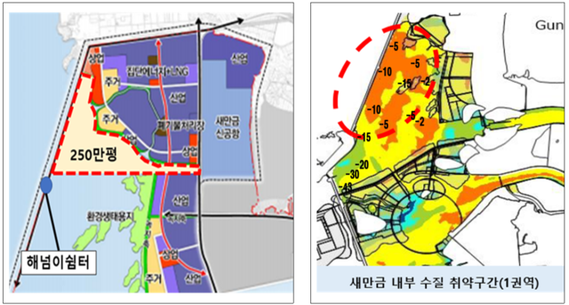 군산시가 새만금기본계획에 반영을 요구한 새만금산업단지 서측 구간. 이 일대는 해수 순환이 원활하지 않아 수질 취약지로 분류된다./이미지 제공=군산시