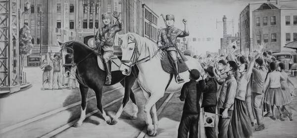 박금만 작가 김명시 장군 연작 중 '김명시 장군'(450×195㎝, 2025). /박금만