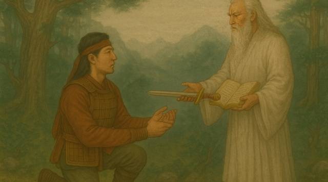 인공지능 AI가 그린 신령이 김유신에게 비서와 보검을 하사하는 장면.