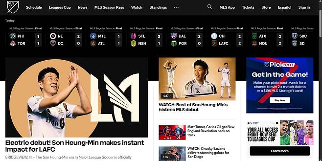 손흥민이 LA FC 데뷔전을 치른 10일, 미국 MLS(메이저리그 사커) 공식 웹사이트가 그의 활약상을 조명하는 기사들로 도배됐다./MLS