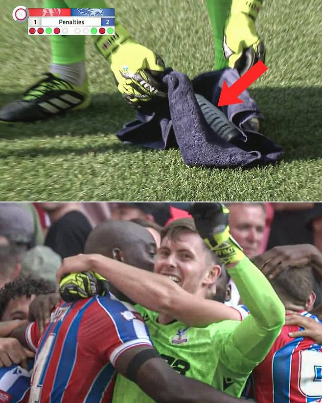 EPL 크리스탈 팰리스의 골키퍼 딘 헨더슨(아래)이 10일 리버풀과 커뮤니티 실드 승부차기에서 사용한 '커닝 페이퍼'가 포착됐다. 수건으로 감싼 물병에 리버풀 선수들의 평소 페널티킥 방향이 적혀 있다./ESPN X