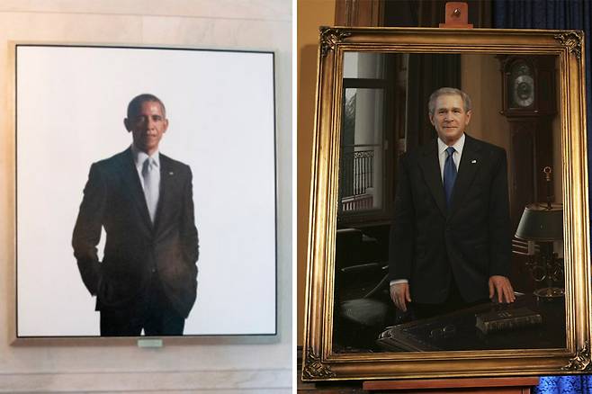 버락 오바마 전 대통령의 초상화(왼쪽), 조지 W 부시 전 대통령의 초상화. AP/뉴시스