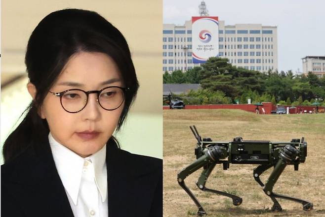 김건희 여사가 지난 6일 서울 종로구 KT광화문빌딩 웨스트에 마련된 민중기 특별검사팀에서 피의자 신분으로 조사를 받고 귀가하고 있다.(왼쪽) 2022년 6월 일반 국민에게 개방된 서울 용산공원에서 미국 ㄱ사의 로봇개가 대통령 집무실 경호용으로 시험 운용되고 있다.(오른쪽) 연합뉴스