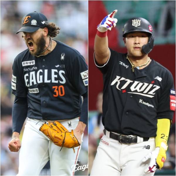 7월 KBO리그 월간 MVP를 두고 경쟁한 폰세(왼쪽)와 안현민. 한화 제공, IS 포토