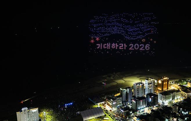 [보령=뉴시스] 제28회 보령머드축제 폐막식때 선보인 드론 라이트쇼 모습. (사진=보령시 제공) 2025.08.11. photo@newsis.com *재판매 및 DB 금지