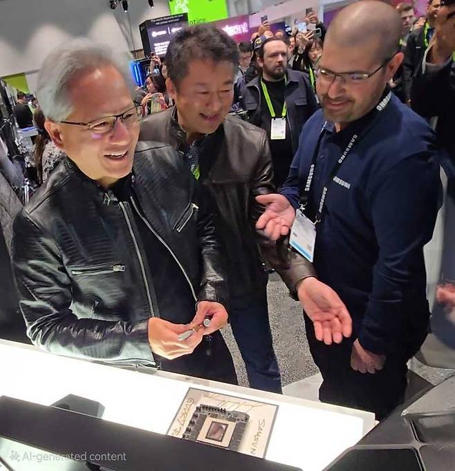 [서울=뉴시스]젠슨 황 엔비디아 최고경영자(CEO)가 20일(현지시간) ‘GTC 2025’ 행사장에 마련된 삼성전자 부스를 방문해, 현장을 둘러보고 있다. photo@newsis.com *재판매 및 DB 금지