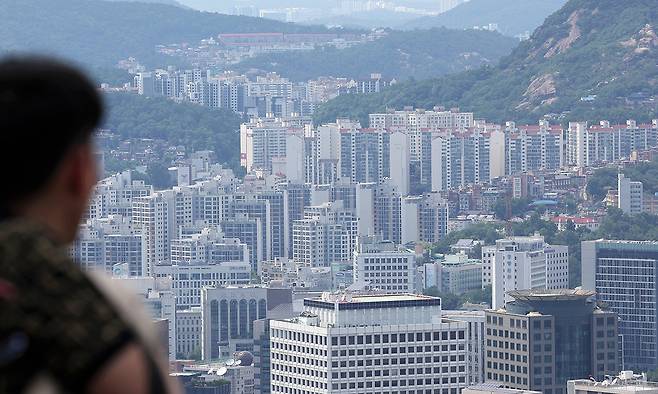 지난 5일 서울 중구 남산에서 한 시민이 서울 시내 아파트 단지를 바라보고 있다. 뉴시스