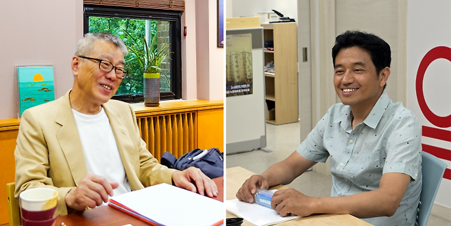 김주섭(왼쪽) 사단법인 문화문 대표와 김정오 문화발전소 열터 대표는 젊은 국악인들의 경연대회 ‘대한민국대학국악제’와 경기 화성 봉담 공동체와 소통하는 ‘ 생생우리음악축제’를 각각 기획하며 전통음악을 기반으로 한 축제의 장을 만들고 있다. 한국문화예술위원회 제공