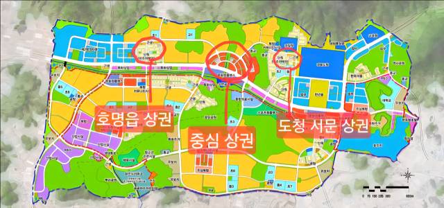 경북도청 신도시 내 각 상권은 산과 숲으로 가로막힌 호명읍 상권, 중심상권, 도청서문상권으로 나뉘어 있다. 경북도 제공