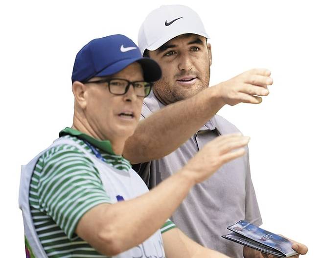 세인트주드 챔피언십 최종 4라운드에 나선 스코티 셰플러(오른쪽)와 ‘일일 캐디’ 브래드 페인./AP 연합뉴스