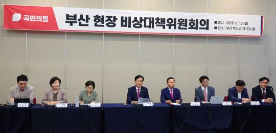 송언석 국민의힘 비상대책위원장 겸 원내대표가 12일 오후 부산 해운대구 벡스코에서 열린 부산 현장 비생대책위원회의에서 발언하고 있다. 연합뉴스