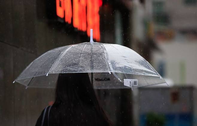 정체전선 영향으로 호우특보가 내려진 11일 오전 제주시 노형오거리 인근 거리에서 갑작스러운 비에 우산을 구입한 시민이 상표도 떼지 못하고 걸음을 재촉하고 있다. ⓒ뉴시스