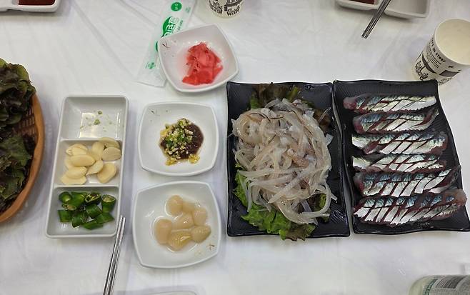 A 씨가 ‘오징어 난전’ 앞 횟집에서 구매한 2만 원짜리 오징어 두 마리, 그리고 서비스 회. 속초시청 홈페이지 자유게시판 캡처