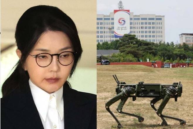 김건희 여사가 지난 지난 6일 서울 종로구 KT광화문빌딩 웨스트에 마련된 민중기 특별검사팀에서 피의자 신분으로 조사를 받고 귀가하고 있다.(왼쪽) 2022년 6월 일반 국민에게 개방된 서울 용산공원에서 로봇개가 대통령 집무실 경호용으로 시험 운용되고 있다.(오른쪽) 연합뉴스