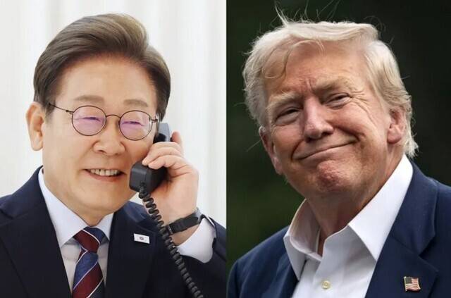 지난 6월6일 이재명 대통령이 서울 한남동 관저에서 도널드 트럼프 미국 대통령과 전화 통화를 하기 위해 수화기를 들고 있는 모습. 오른쪽은 트럼프 대통령. EPA 연합뉴스