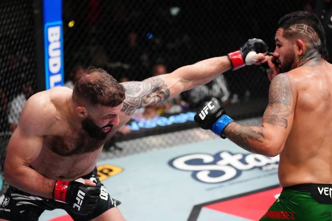 로만 돌리제(왼쪽)가 에르난데스에게 주먹을 뻗고 있다. 사진=UFC