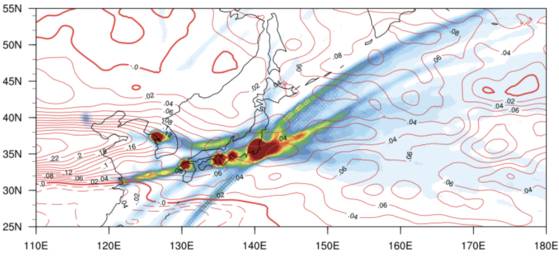 한국을 비롯한 동아시아를 중심으로 제트기류 증가 경향(1979년~2019년, 붉은선)이 나타났다. 숫자가 높을수록 제트기류가 더 세졌다는 뜻이다. 붉은색 영역은 2016~2021년에 청천난류가 관측된 지역으로 인천국제공항과 일본 주요 공항을 중심으로 청천난류가 빈번하게 발생했다. 김정훈 서울대 지구한경과학부 교수