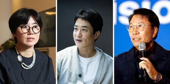 왼쪽부터 글로벌 미디어 컨퍼런스 연사로 참석하는 스튜디오N 권미경 대표, 스튜디오슬램 윤현준 대표, SM 엔터테인먼트 창립자이자 현재 A2O 엔터테인먼트서 활동 중인 이수만 프로듀서. 사진 우상조 기자, 권혁재 사진전문기자, 뉴시스
