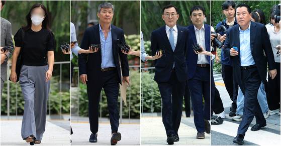 지난달 23일 서울 종로구 김건희 특검팀(특별검사 민중기)으로 ‘김건희 집사’ 김예성 씨 부인 정 모 씨(왼쪽 사진부터)와 이종호 전 블랙펄인베스트 대표, 정근수 전 신한은행 부행장, 최석우 경남스틸 대표가 각각 소환 조사에 출석하고 있다. 뉴스1
