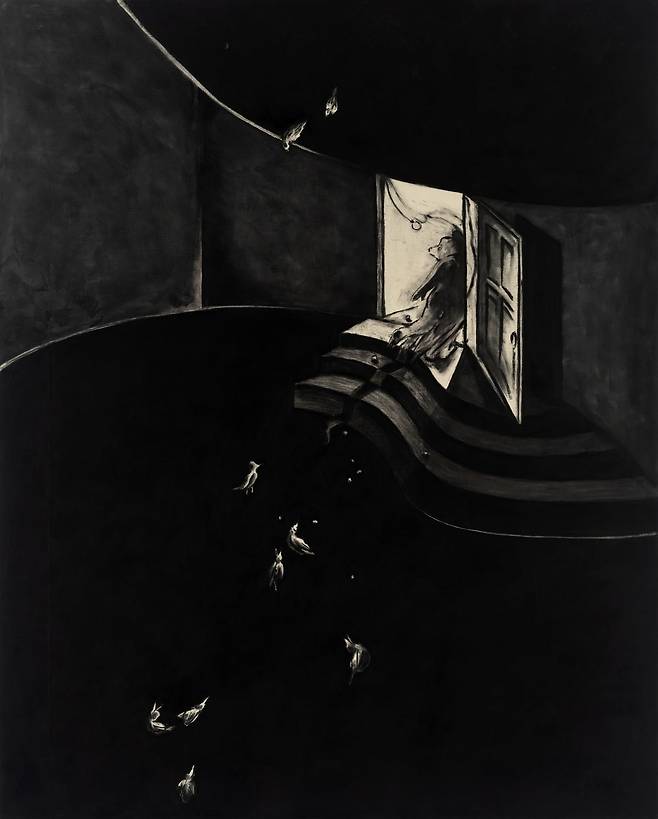 배윤환, 서커스-오후 8시 8분, 2025, Charcoal on canvas, 162.2 x 130.3 cm. /스페이스K 서울