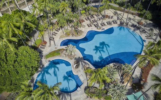 하와이 최대 규모를 자랑하는 힐튼 하와이안 빌리지 와이키키 비치 리조트 야외 수영장 전경 / 사진=힐튼 하와이안 빌리지 와이키키 비치 리조트