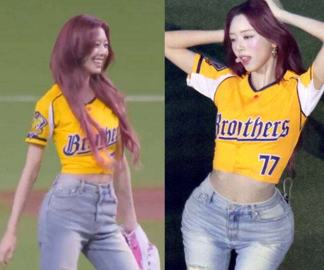 유나는 대만 시구에서 크롭 티에 청바지를 입고 골반라인을 뽐냈다. / 온라인 커뮤니티