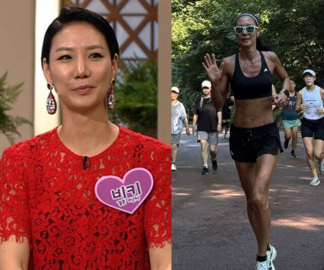 비키가 러능으로 다져진 탄탄 몸매를 자랑했다. / (왼쪽) SBS '자기야-백년손님', (오른쪽) 비키 소셜미디어