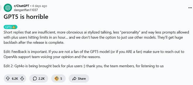미국 최대 온라인 커뮤니티 레딧에는 “GPT-5는 끔찍하다”라는 제목의 게시글에 5000개가 넘는 이용자가 몰려와 불만을 쏟아냈다.