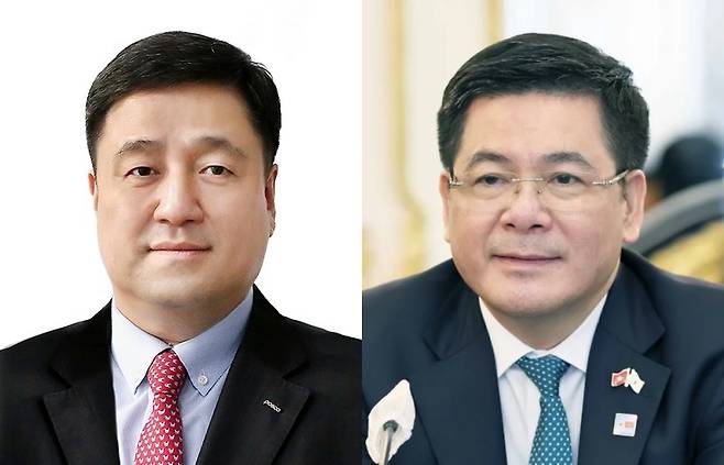 이계인(왼쪽) 포스코인터내셔널 사장과 응우옌 홍 지엔 베트남 산업무역부 장관 [포스코인터내셔널, 산업부 제공]