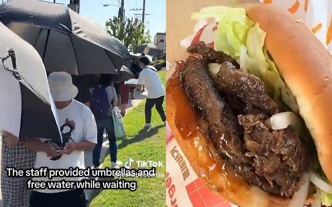 미국 캘리포니아 로스앤젤레스 플러턴에 오픈한 롯데리아 1호점을 방문하려는 손님들이 길게 줄을 서고 있다. [틱톡 갈무리]