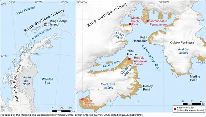 지난 1월 데니스 벨의 유해가 발견된 남극 킹조지섬 폴란드 기지(가운데 빨간 점)가 표시된 지도. 영국 남극조사국 제공
