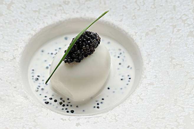 햄 익스트랙션과 크림을 곁들인 백봉 오골 계란