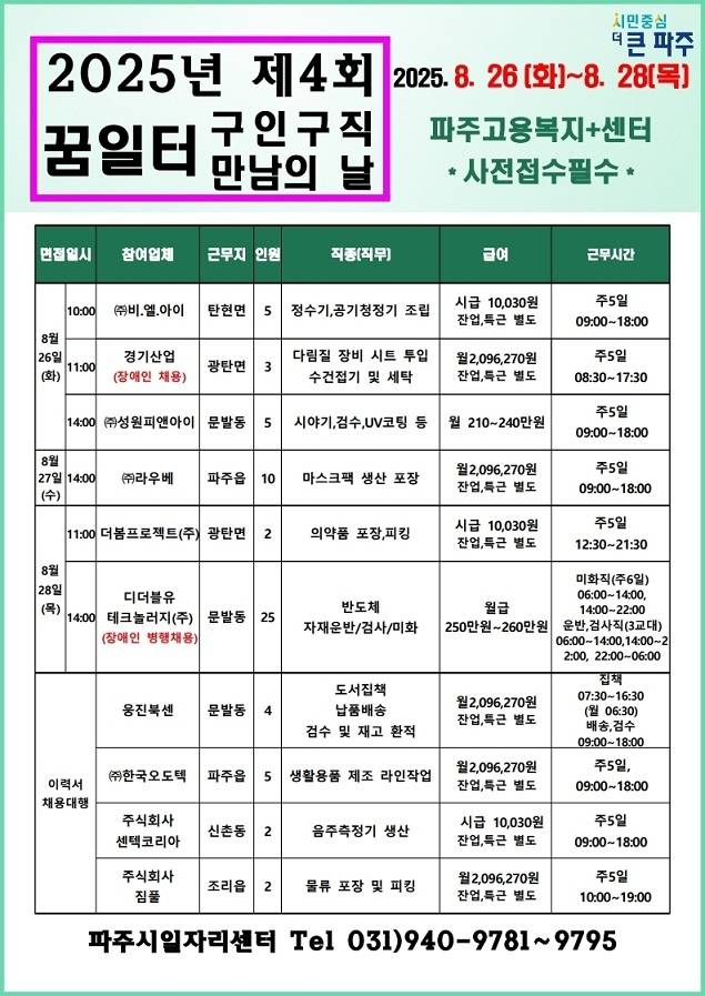 파주시, 제4회 '구인 구직 만남의 날' 안내 포스터 [파주시 제공.  재판매 및 DB 금지]