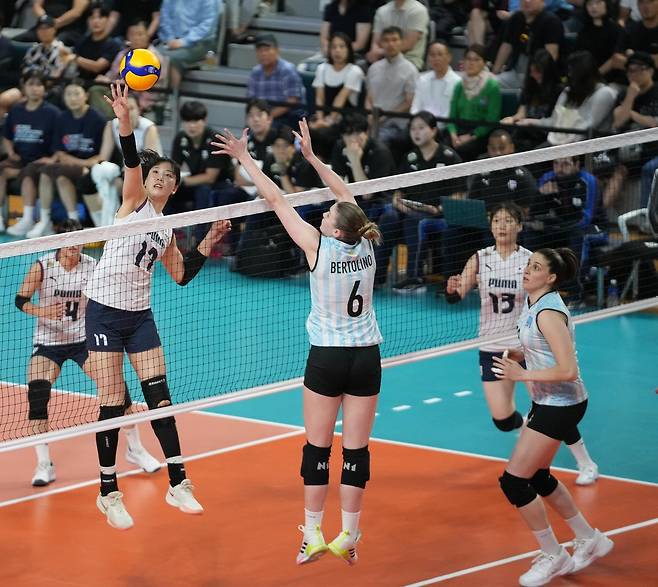 아르헨티나와 공방 펼치는 한국 여자배구 대표팀 [대한배구협회 제공. 재판매 및 DB 금지]