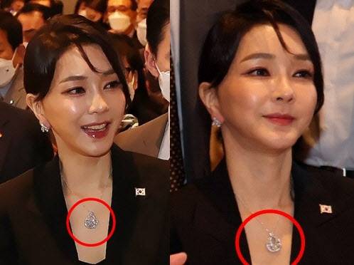 2022년 6월 30일 윤석열 전 대통령 부인 김건희 여사가 반클리프 목걸이를 차고 스페인 마드리드 만다린 오리엔탈 리츠 호텔에서 열린 동포 만찬간담회에 참석하고 있다 (사진=연합뉴스)