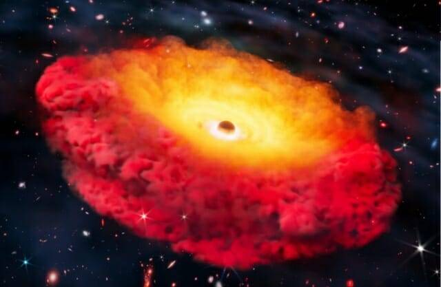 이번에 발견된 블랙홀은 CAPERS-LRD-z9 은하에서 관측됐다. 중심에 있는 초대질량 블랙홀은 두꺼운 가스 구름에 둘러싸여 있어 은하가 독특한 붉은색을 띠는 것으로 추정된다. (사진=텍사스 대학교 오스틴 캠퍼스)