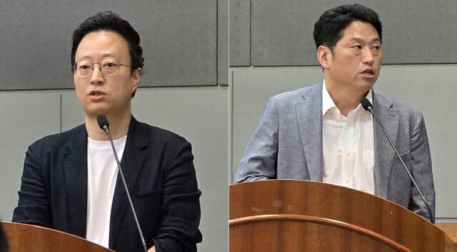 주제 발표중인 ETRI 권오욱 지능정보연구본부장(왼쪽)과 KIST 휴머노이드 연구단 양성욱 책임연구원.