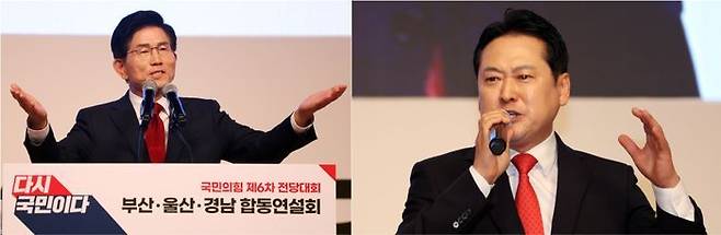 김문수 국민의힘 당대표 후보(왼쪽)와 장동혁 후보(오른쪽)이 12일 부산 엑스코에서 열린 전당대회 부울경 합동연설회에서 발언하고 있다. ⓒ뉴시스